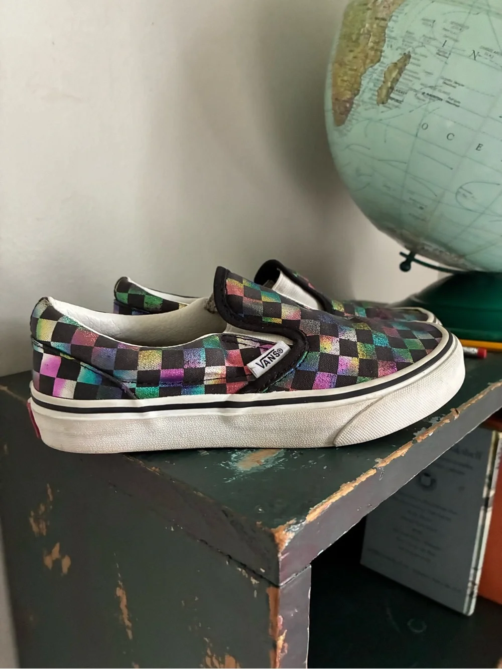 Vans Iridescent Rainbow Checkered Slip On Tennis Shoes Kids Size 2